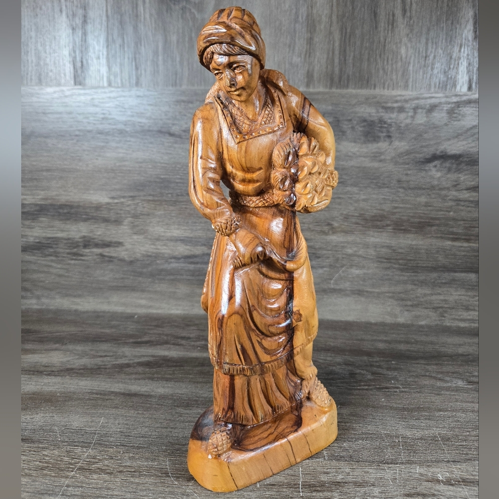 MCM Israel Olive Wood Handmade Carved Woman Figurine Wheat Harvest 10" Tall